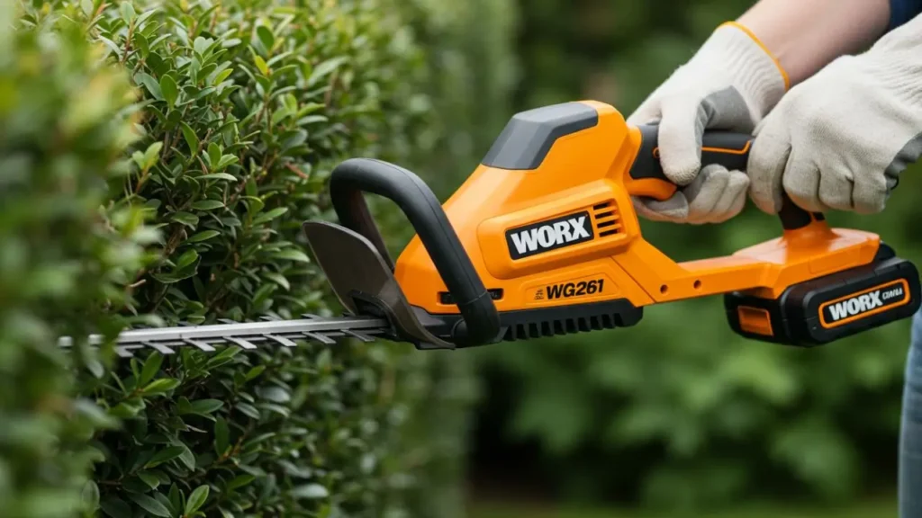 A gardener holds the WORX hedge trimmer, showcasing its 22-inch blade and ergonomic design against green hedges.