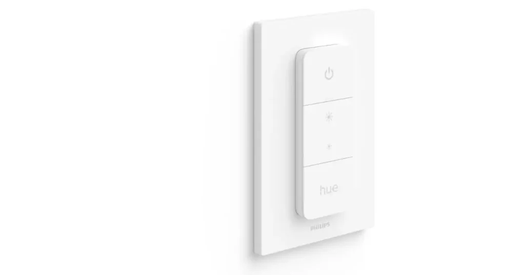 Philips Hue remote switch mounted on a white background