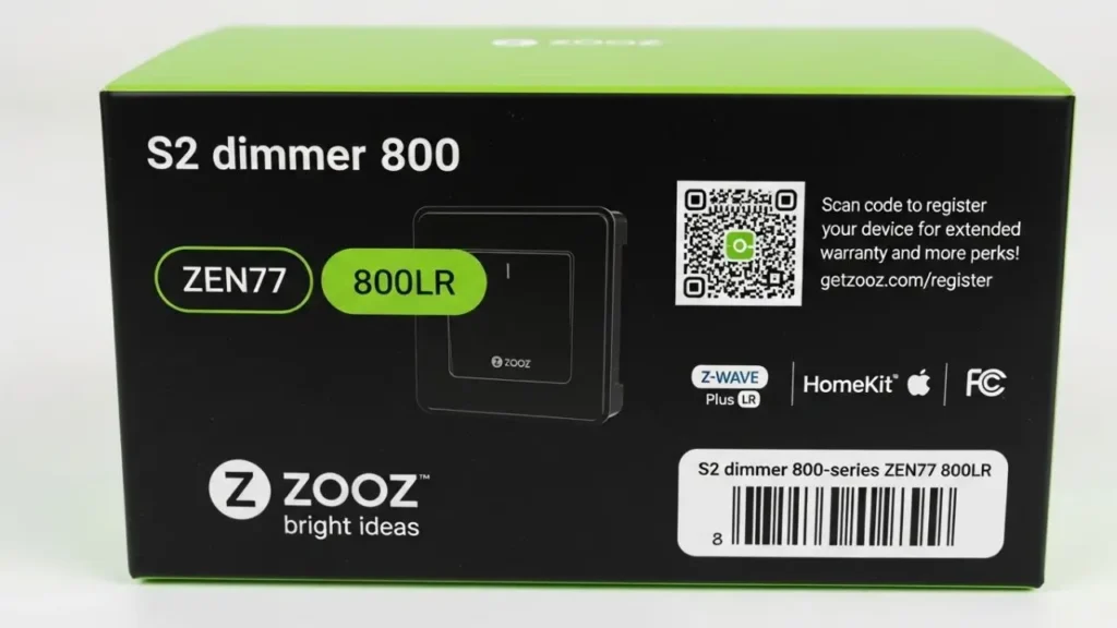 A close-up of the Zooz Z-Wave Dimmer (ZEN77 800LR) retail box, showcasing the model number and Z-Wave Plus LR details. Smart AI gears