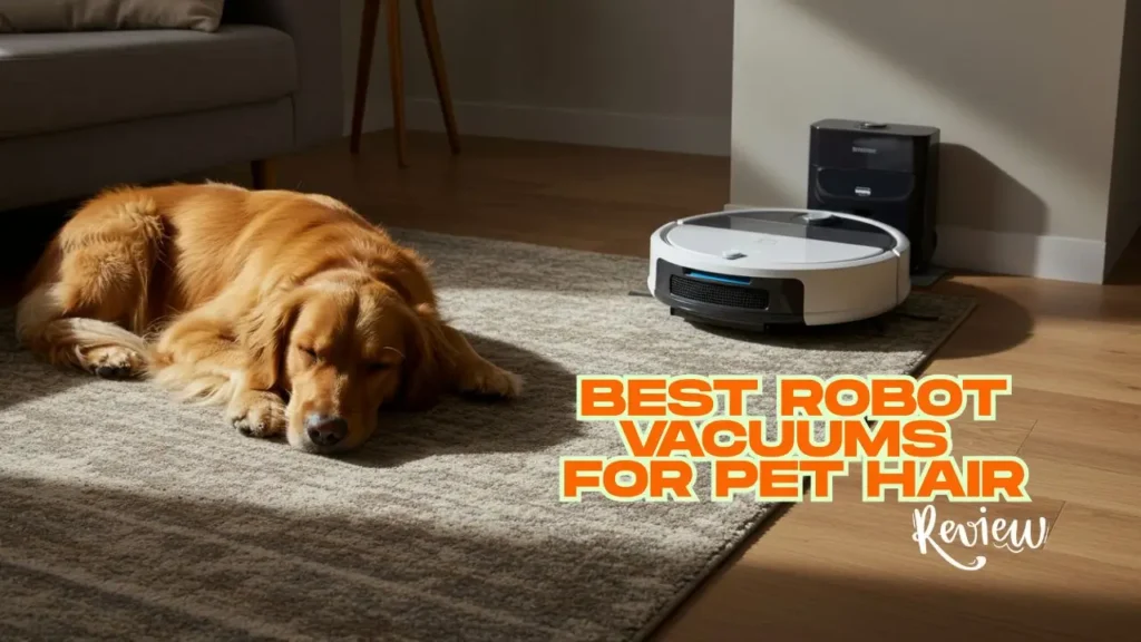 A cozy living room with a sleeping dog and a robot vacuum, representing the best robot vacuums for pet hair review by Smart AI Gears.