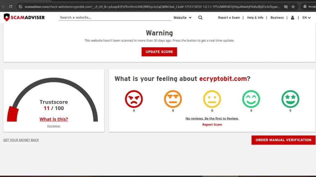 Screenshot of ScamAdviser.com showing a low trust score (11/100) for eCryptobit.com Review, indicating high risk.