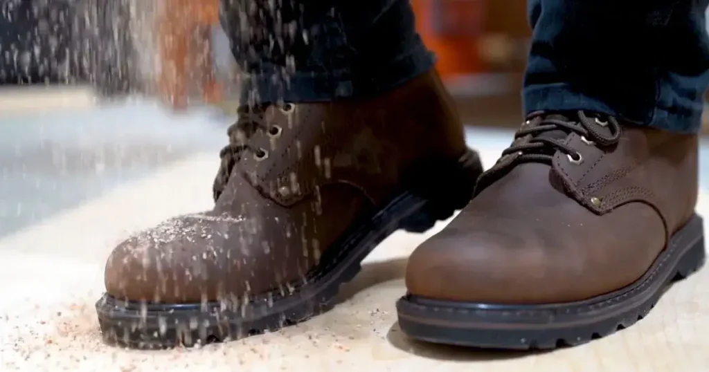 Sawdust falling on Ever Boots during construction worksite testing