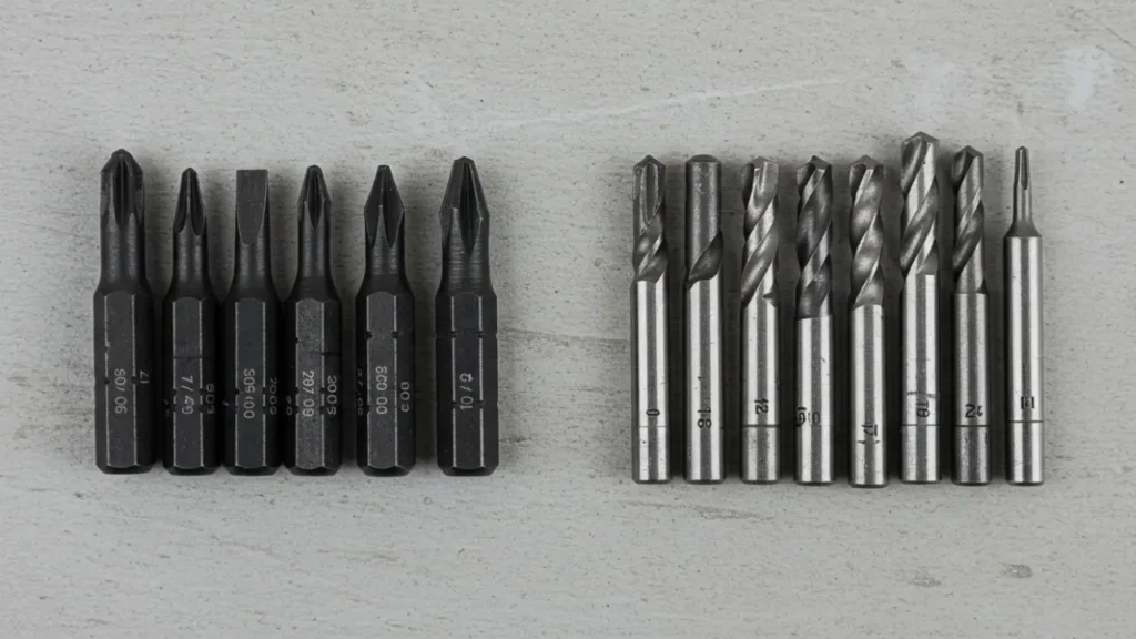 A comparison photo showing impact-rated hex-shank bits on one side and smooth-shank regular drill bits on the other side.