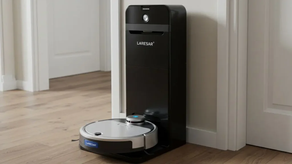 The Laresar L6 Pro robot vacuum docked at its tall self-emptying base station.