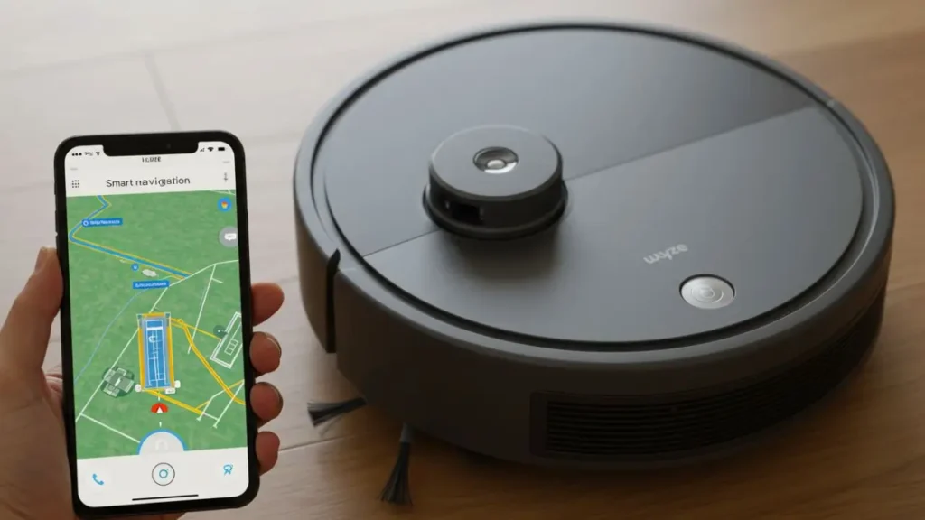 The Wyze Robot Vacuum with its LiDAR sensor, and a phone showing the smart map it created.