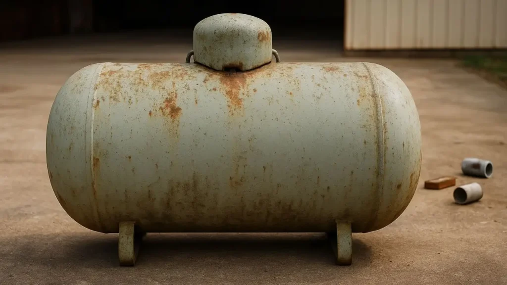 A 250-gallon propane tank placed on a concrete floor, ready to be converted into a workshop air compressor