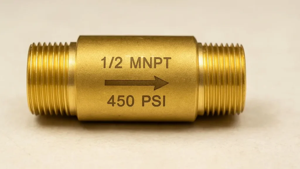 Close-up of a 1/2 inch MNPT check valve rated at 450 PSI, a key component for air compressor safety