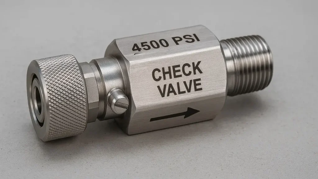 High-pressure stainless steel check valve rated at 4500 PSI with bleed screw and directional airflow indicator