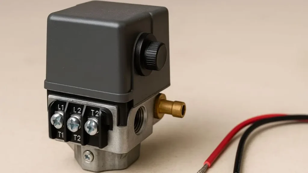Close-up of an air compressor pressure switch showing L1, L2, T1, and T2 terminals along with attached wiring