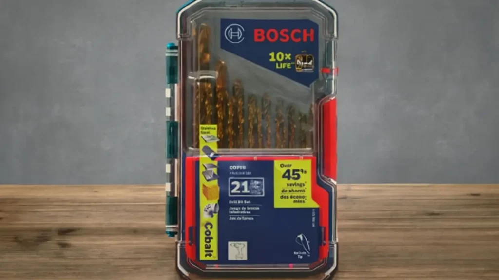 A Bosch M42 cobalt drill bit set in a clear plastic case, featuring 21 pieces designed for high-performance drilling, with cobalt steel for durability.