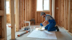 A builder reviewing detailed plumbing blueprints inside a wooden frame house under construction. The focus is on the layout for plumbing pipes, drains, and vents, with precise attention to detail. Plumbing rough-in planning process featured in this guide by Smart AI Gears.