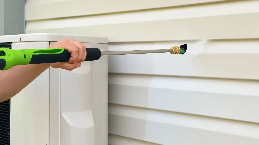 A pressure washer wand actively cleaning a dirty section of white vinyl siding, showing a clear before-and-after line of its effectiveness.