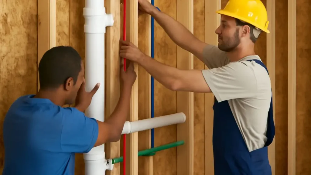 Two construction workers, one African American and one Caucasian, work together to install plumbing pipes in the wooden framework of a house. The pipes include PVC and PEX, and the workers are focused on securing the plumbing into place.