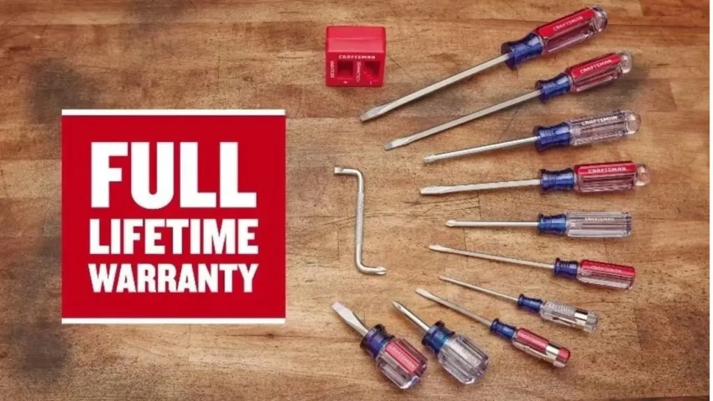Craftsman 12-piece screwdriver set laid out on wooden surface with bold red lifetime warranty label