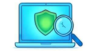 computer screen with green shield and magnifying glass for cybersecurity audit Smart AI Gears