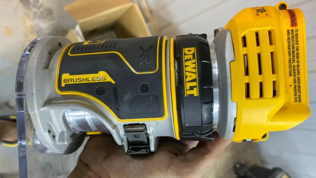 Close-up of the DEWALT cordless router showing brushless motor detail.