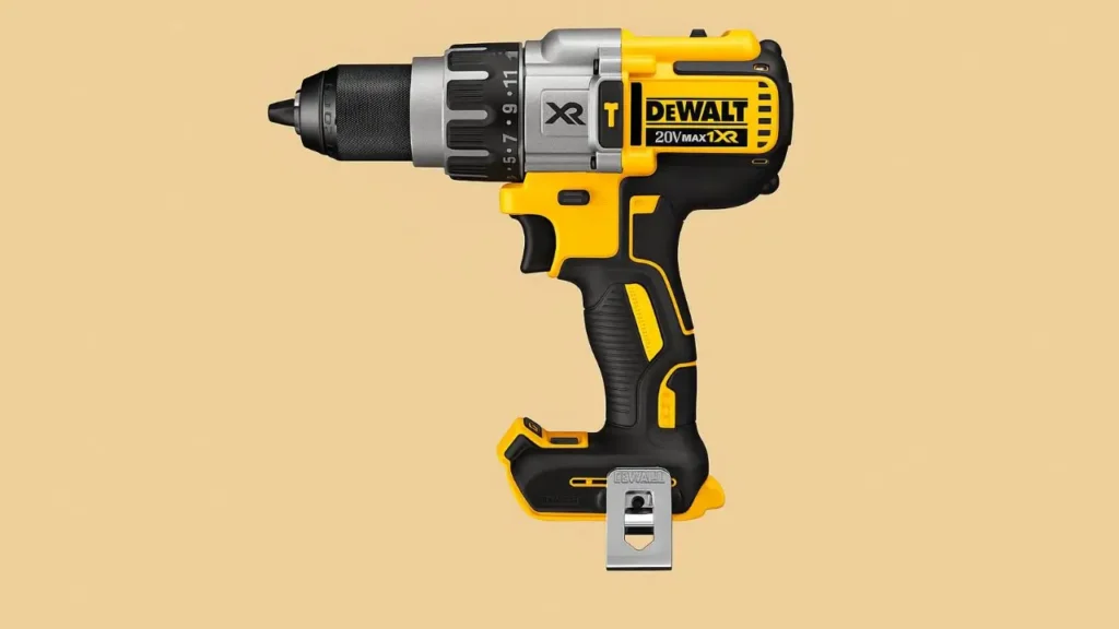 Side profile of the compact DeWalt DCD799B hammer drill showing its short head length.
