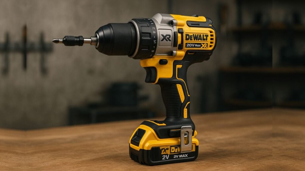 The DeWalt DCD799B hammer drill with a screw bit attached, ready for a contractor's job.