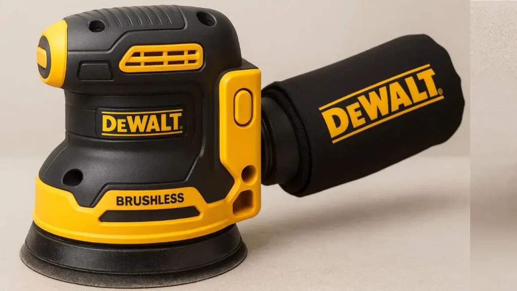 The DeWalt DCW210B, chosen as the best cordless sander for wood by Smart AI Gears, is shown in a clear side-view with its dust bag attached.