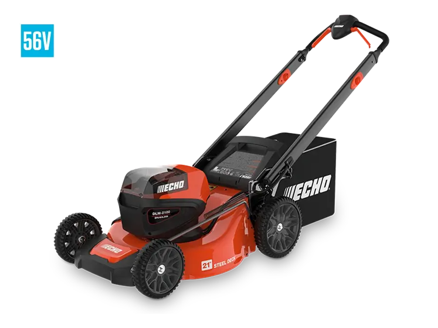 The orange ECHO 56V DLM-2100SP electric push mower with a 21-inch steel deck.