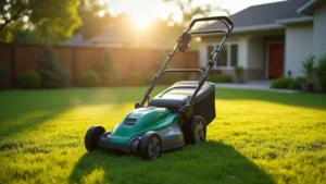 A hero image of the best electric push mower from Smart AI Gears sitting on a perfectly manicured lawn at sunrise.