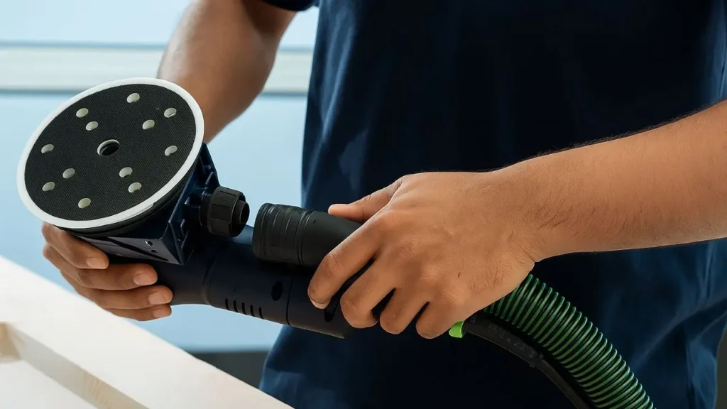 A person holding the Festool ETSC 125 sander and attaching a green dust extraction hose to its port.
