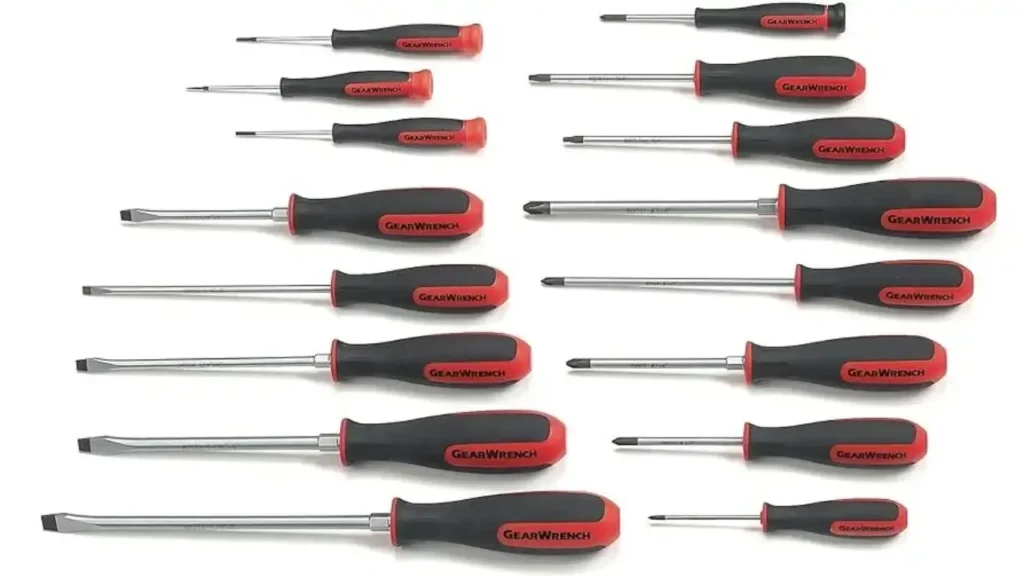 Full Gearwrench 20-piece screwdriver set with red and black ergonomic handles arranged in rows