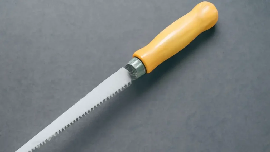GreatNeck WL6C drywall saw with a yellow hardwood handle and sharp pointed steel blade, ideal for plunge cuts and outlet openings in drywall.