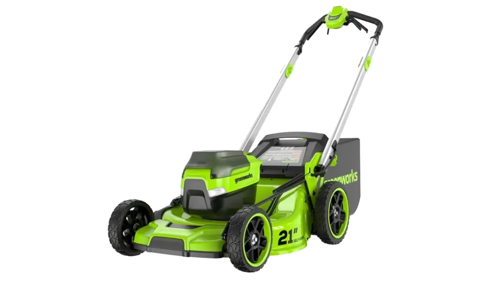 The lime green Greenworks 60V 21-inch self-propelled electric mower.