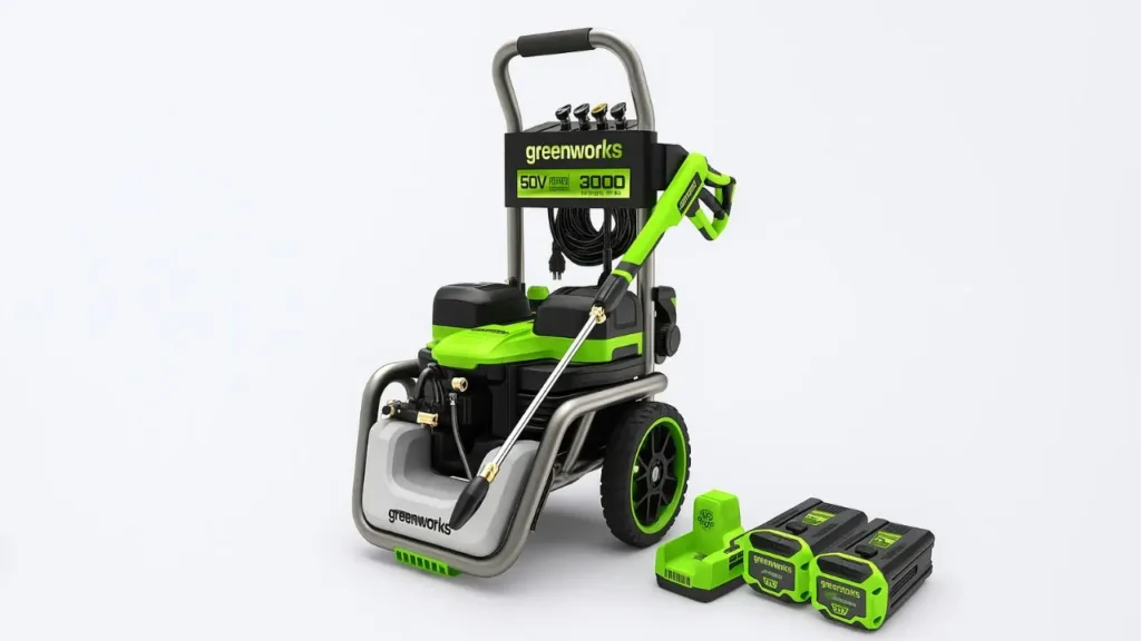 Full product view of the Greenworks 3000 PSI Pressure Washer with its batteries and charger, the subject of this Greenworks 3000 PSI Pressure Washer Review from Smart AI Gears.