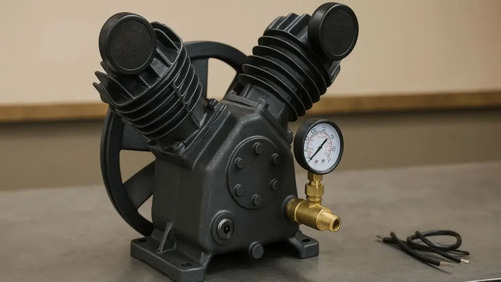 Heavy-duty air compressor pump with dual cylinders and pressure gauge, designed for high-CFM output