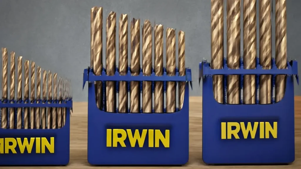 Three sets of IRWIN drill bits, organized in blue plastic holders with titanium-coated bits, showcasing various sizes for precision drilling.