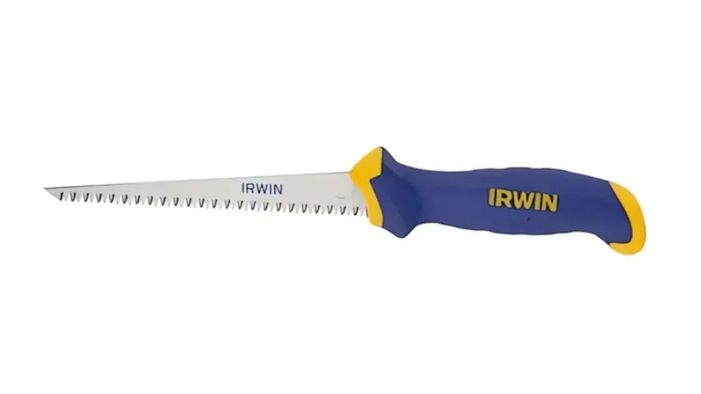 IRWIN ProTouch drywall saw featuring a blue and yellow ergonomic handle with a rigid 6.5-inch blade designed for fast, accurate cutting through drywall and ceiling panels.