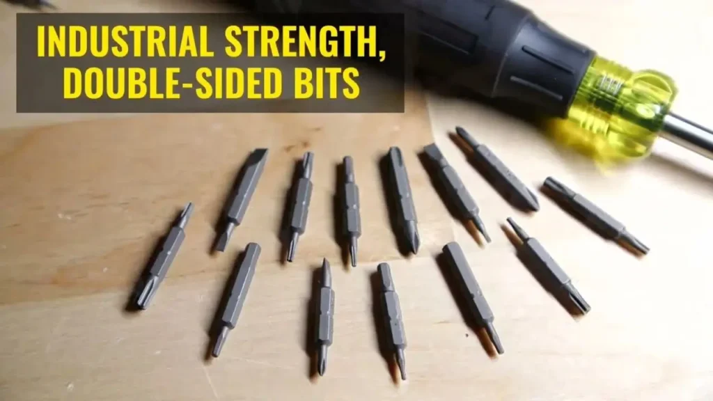 Close-up of multiple double-sided screwdriver bits on wooden surface next to a yellow-handled multi-bit driver