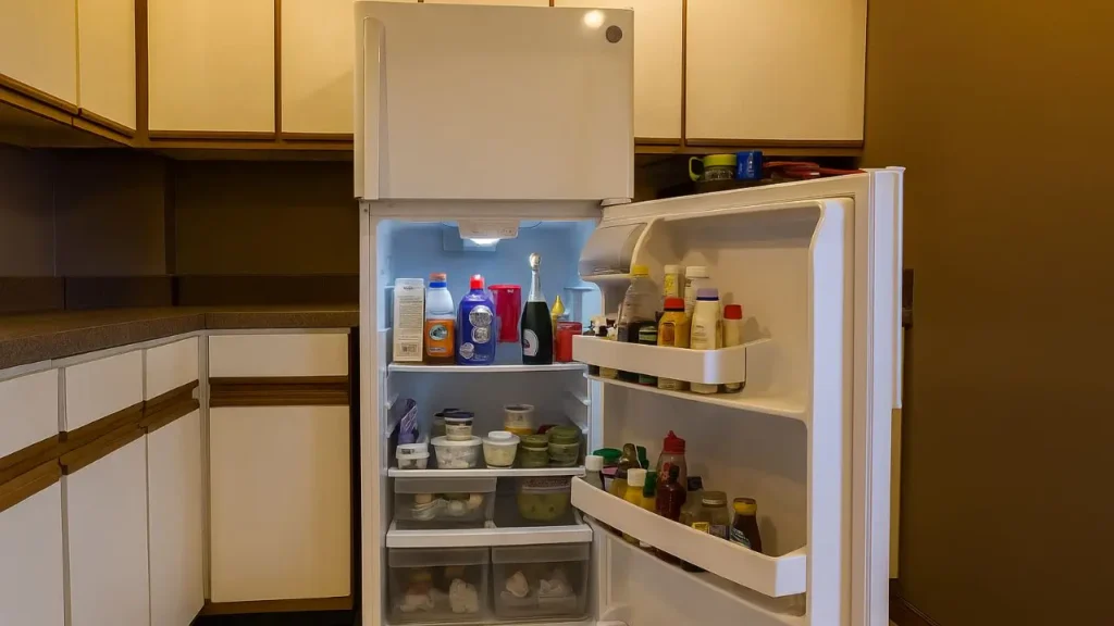 The inside of the General Electric GTS18HGNRWW fridge, showing its storage capacity, glass shelves, and bright LED lighting.