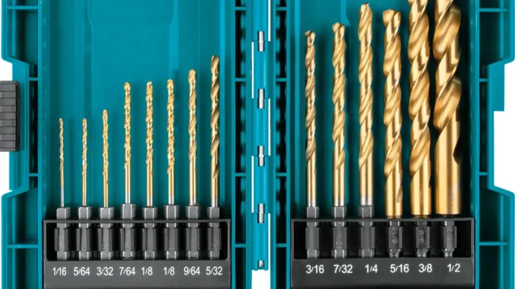 Makita drill bit set with gold-titanium coating, neatly arranged in a blue plastic storage case, showing a range of sizes for precision drilling tasks.