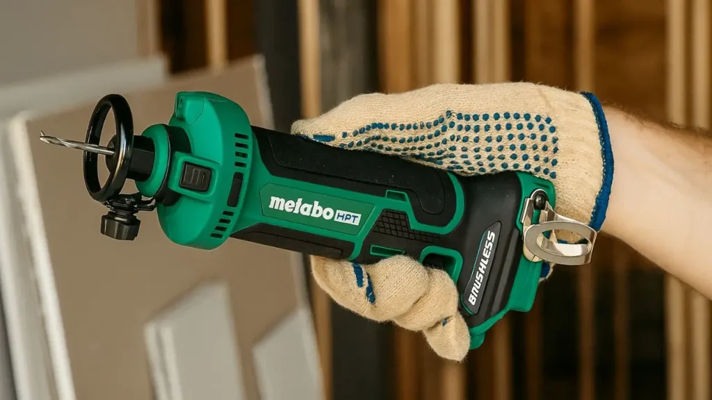 A gloved hand gripping the Metabo HPT Drywall Cut Out Tool M18DYAQ4, illustrating its comfortable and ergonomic design for extended use on drywall projects.