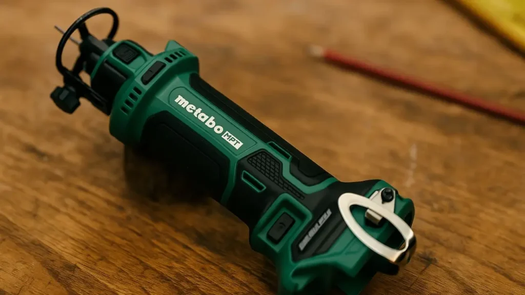 Metabo HPT Drywall Cut Out Tool Smart AI Gears – A cordless green and black Metabo HPT M18DYAQ4 drywall cut out tool rests on a natural wooden workbench, highlighting its design and readiness for drywall cutting tasks.