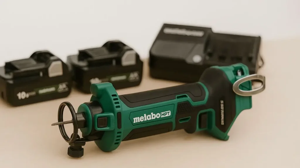 Metabo HPT Drywall Cut Out Tool M18DYAQ4 displayed with two Metabo HPT batteries and its charger in the background, emphasizing its cordless power system.