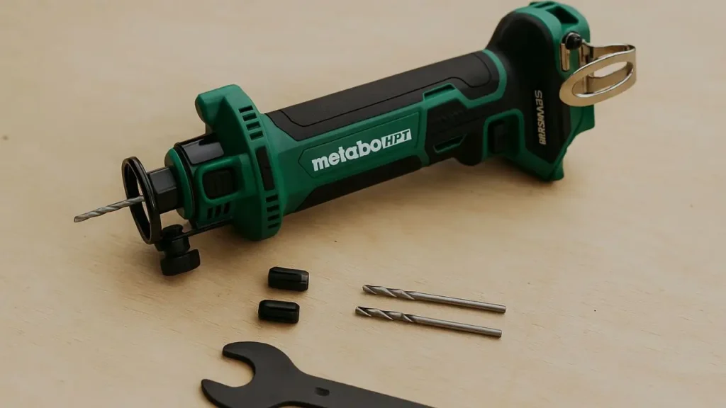 Metabo HPT Drywall Cut Out Tool M18DYAQ4 displayed with its interchangeable 1/8-inch and 1/4-inch collets and adjustment wrench on a wooden surface, ready for use.