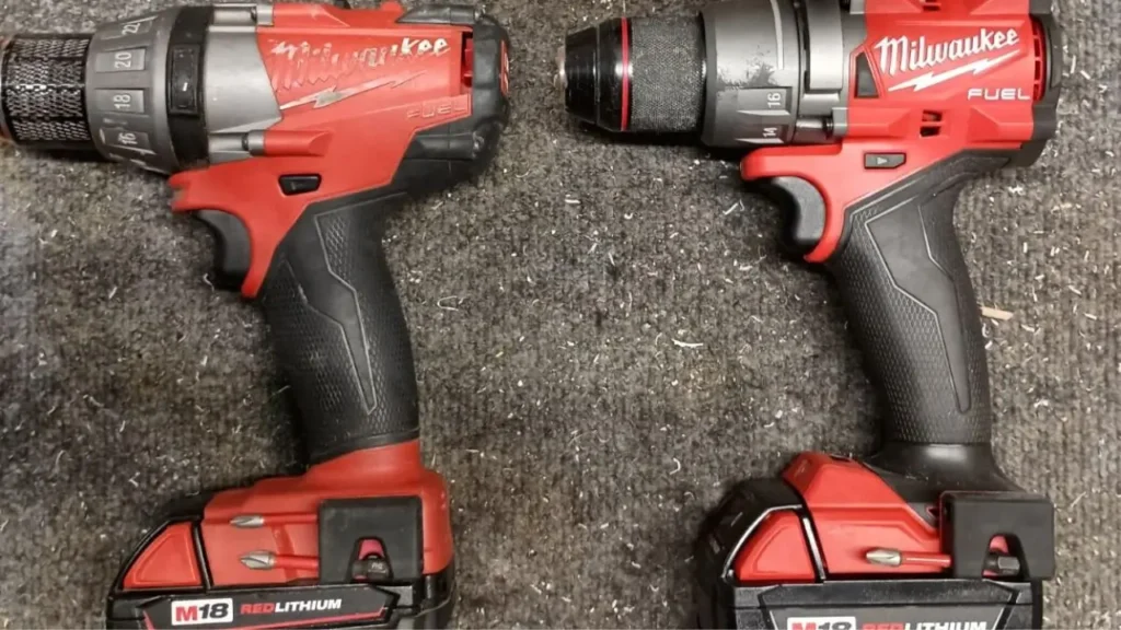 A side-by-side comparison showing the new, more compact Milwaukee 2904-22 hammer drill (right) next to an older generation model (left).