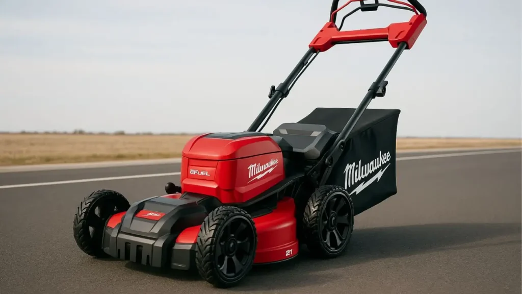 An advertisement for the Milwaukee M18 FUEL 21-inch self-propelled dual battery mower, highlighting its power and features.