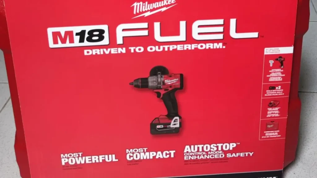 The retail box of the powerful and compact Milwaukee 2904-22 M18 FUEL cordless hammer drill, reviewed by Smart AI Gears.