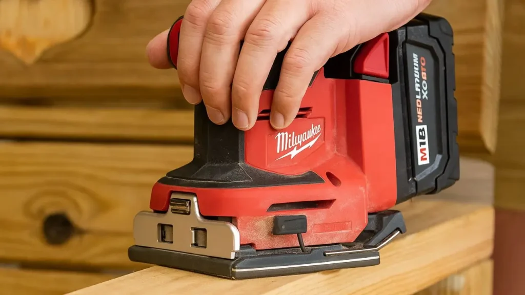 A hand guiding the red Milwaukee M18 quarter sheet sander along a wooden plank.