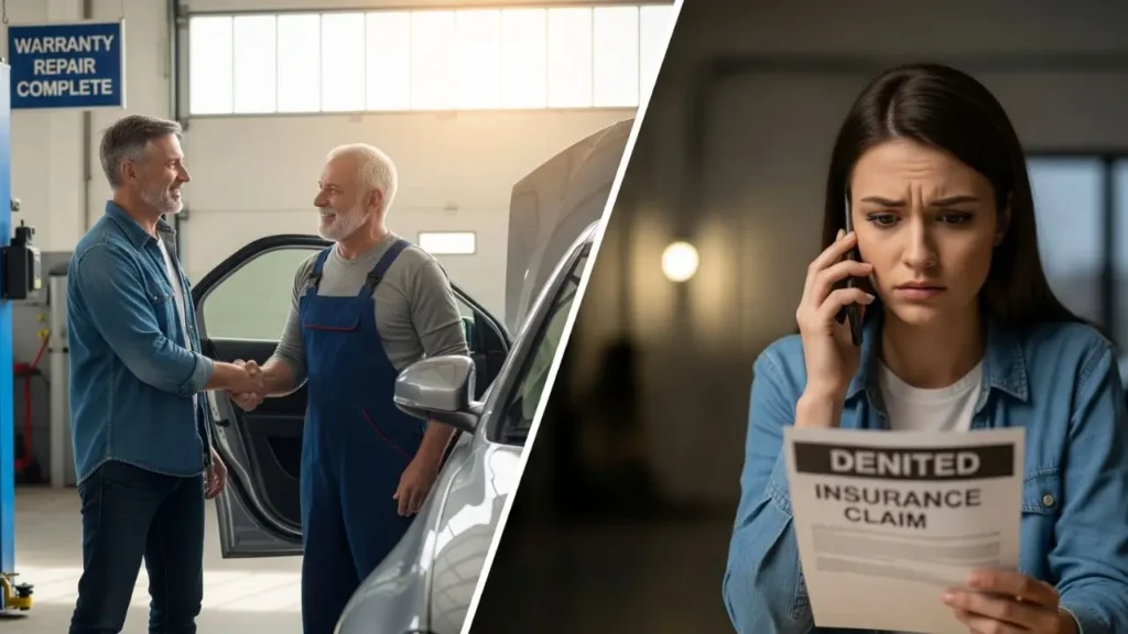 A split image showing a happy customer with an approved MotoAssure claim and a frustrated customer with a denied claim.