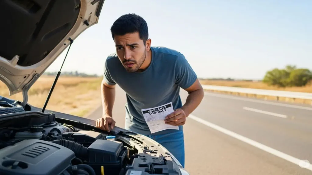 A worried man looking at his broken-down car while holding a MotoAssure reviews warranty contract | Smart AI Gears