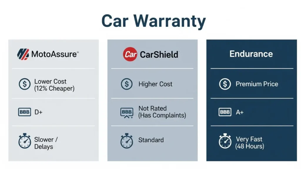 An infographic comparing MotoAssure, CarShield, and Endurance on price, BBB rating, and claim speed.