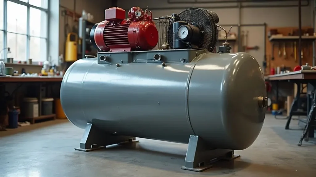 Large grey air compressor, custom-built from a propane tank, with a red motor, in a workshop. Central image for smart ai gears' air compressor build guide.