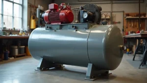 Large grey air compressor, custom-built from a propane tank, with a red motor, in a workshop. Central image for smart ai gears' air compressor build guide.