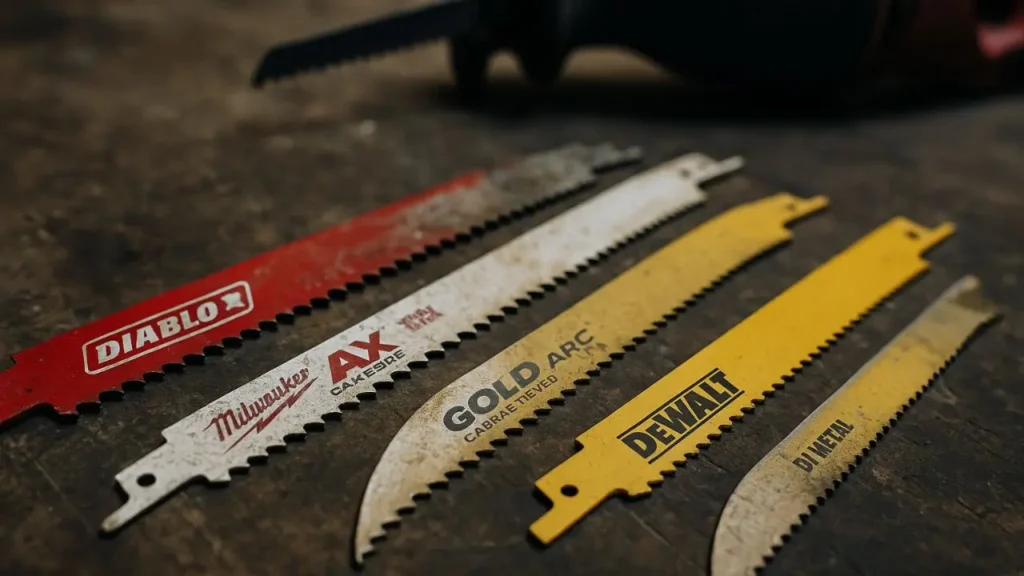 Close-up of various tested Sawzall blades (Diablo, Milwaukee, Lenox, DEWALT) on a workbench, showing wear from cutting. Essential for smart ai gears tool reviews.